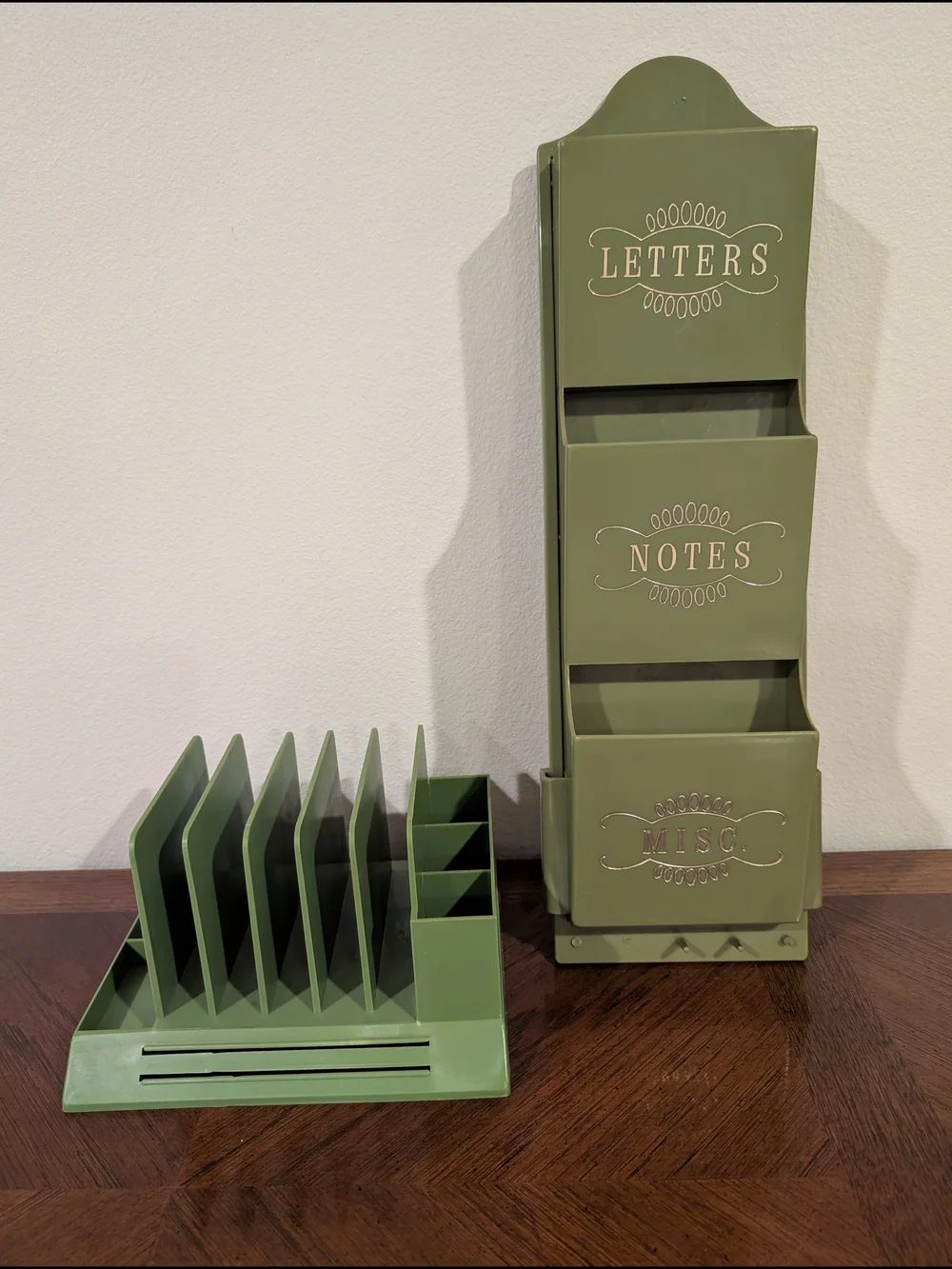 Vintage MCM Avocado Green Desk Set - Max Klein Caddy & Fesco Wall Mail Tower